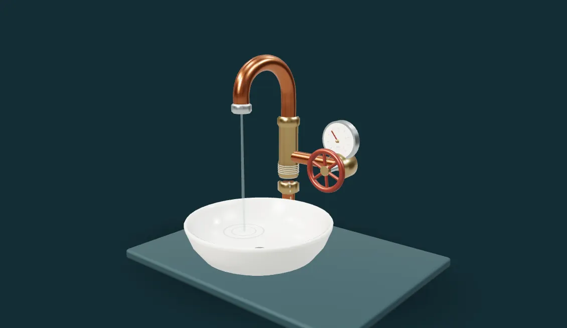 Copper tap, valve, pressure gauge and ceramic basin